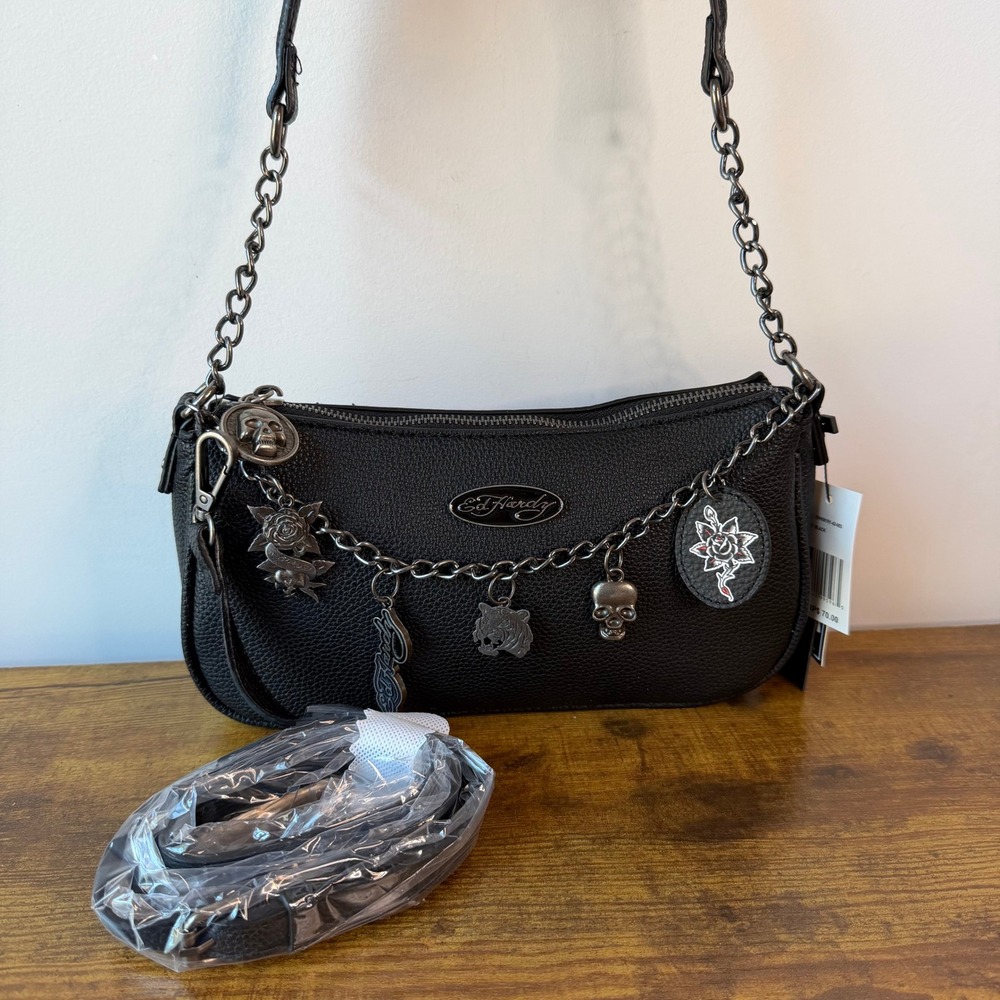 New Ed Hardy Black Shoulder Crossbody Handbag Skulls Grey Charms Roses Y2K